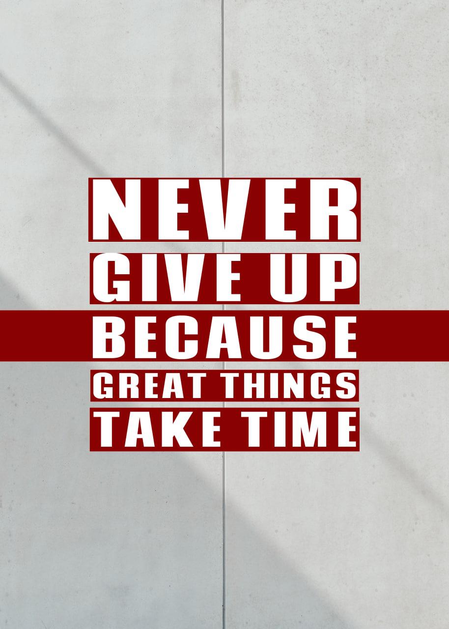 NEVER GIVE UP BECAUSE GREAT THINGS TAKE TIME